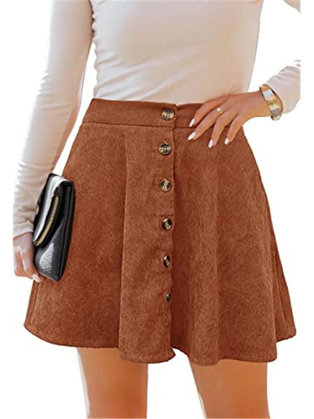 Womens Corduroy Mini Skirt Button Front Pleated A Line Skater Skirt Pockets